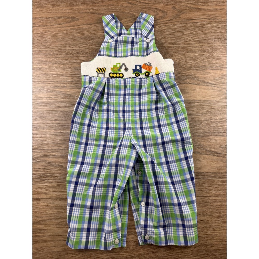 Vive La Fete Plaid Smocked Construction Trucks Longall 18M Blue Green Preppy
